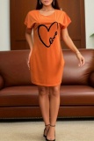 Casual Love Heart Print O Neck Short Sleeve Loose T-shirt Dresses
