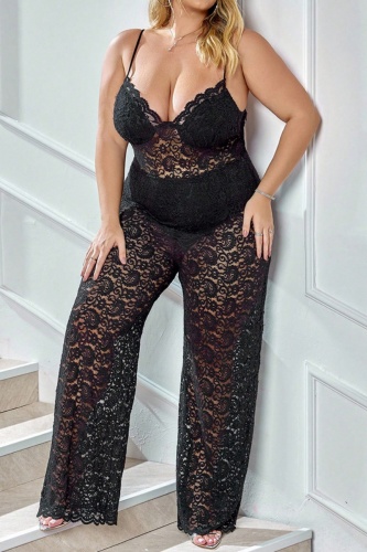 Sexy lace Flower Print Backless Spaghetti Strap See-Through Formal Party Evening Plus Size Wide Leg Cami Jumpsuits