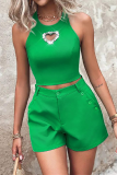 Casual Hot Drill Heart-shaped Decor O Neck Sleeveless Tank Crop Tops And Shorts Vacation Two Pieces Shorts Sets