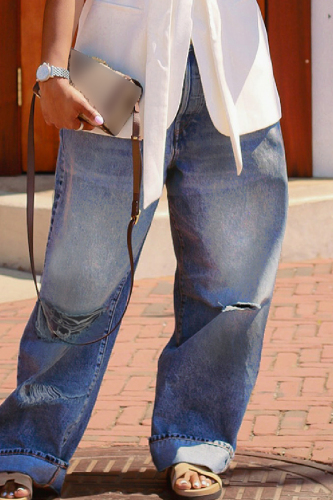 Casual Ripped High Waist Straight Loose Fitted Disstressed Denim Jeans
