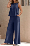 Casual O Neck Sleeveless Loose Fitted Tank Tops And Wide Leg Pants Vacation Formal Office Lady Two Pieces Trouser Sets