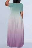 Letter Ombre print O Neck Short Sleeve Floor Length Baggy Vacation Maxi T-shirt Dresses