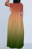 Letter Ombre print O Neck Short Sleeve Floor Length Baggy Vacation Maxi T-shirt Dresses
