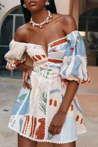 Sexy Floral Print Off Shoulder Short Sleeve Vacation A Line Mini Dress