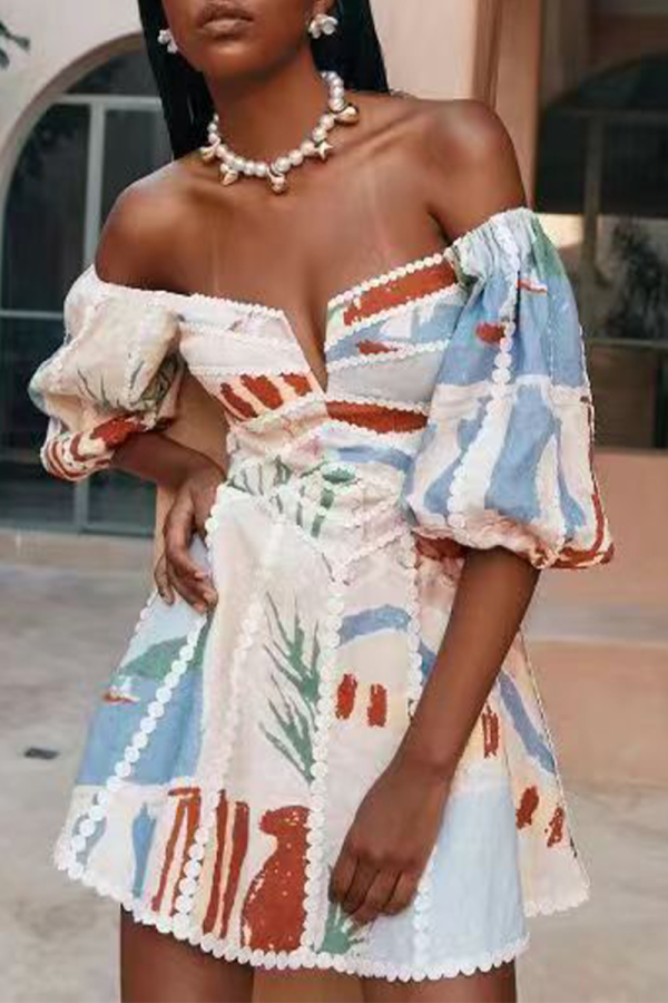 Sexy Floral Print Off Shoulder Short Sleeve Vacation A Line Mini Dress