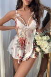 Sexy Floral Print Bow Tie Lace Trim Backless Cami Lingerie