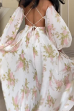 Sexy Floral Print Backless Oversleeve U Neck Nipped-Waist Hollow Out Formal Party Evening Vacation Maxi Slip Swing Dresses