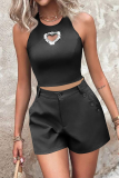 Casual Hot Drill Heart-shaped Decor O Neck Sleeveless Tank Crop Tops And Shorts Vacation Two Pieces Shorts Sets
