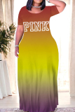 Letter Ombre print O Neck Short Sleeve Floor Length Baggy Vacation Maxi T-shirt Dresses