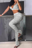 Sexy Lace Flower Print V Neck Sleeveless See-Through Vests Crop Tops And Slim Fitted Pants Two Pieces Trouser Sets