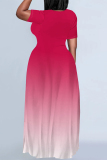 Casual Gradient Print O Neck Short Sleeve Floor Length Baggy Vacation Maxi T-shirt Dresses