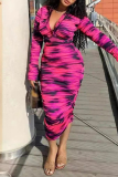 Casual Tie Dye Print Ruched V Neck Long Sleeve Formal Party Evening Bodycon Midi Tank Dresses