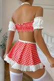 Sexy Plaid Print Backless Lace Trim Tube Tops Mini Skirt And Ribbon Choker Necklace Lingerie Four-piece Set (Without Sock)