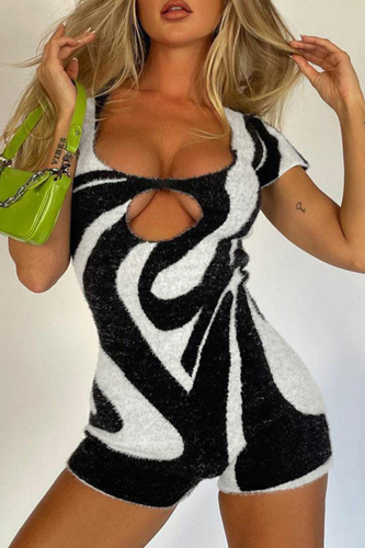 Sexy Stripe U Neck Short Sleeve Hollow Out Skinny Rompers Bodysuit