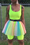 Sportwear Casual Backless Without Belt U Neck Rainbow Mesh Mini Skirt Skinny Rompers Bodysuit