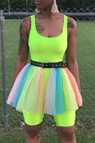 Sportwear Casual Backless Without Belt U Neck Rainbow Mesh Mini Skirt Skinny Rompers Bodysuit