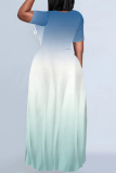Letter Ombre print O Neck Short Sleeve Floor Length Baggy Vacation Maxi T-shirt Dresses