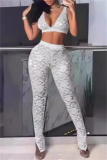 Sexy Lace Flower Print V Neck Sleeveless See-Through Vests Crop Tops And Slim Fitted Pants Two Pieces Trouser Sets