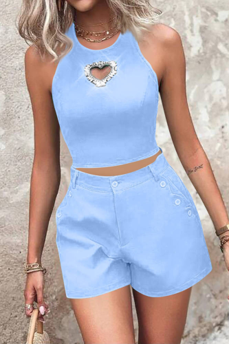 Casual Hot Drill Heart-shaped Decor O Neck Sleeveless Tank Crop Tops And Shorts Vacation Two Pieces Shorts Sets