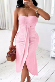 Sexy Strapless Sleeveless Ruched Pleated With Slit Long Bandeau Maxi Dress Vacation Party Evening Tube Dress