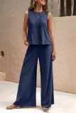 Casual O Neck Sleeveless Loose Fitted Tank Tops And Wide Leg Pants Vacation Formal Office Lady Two Pieces Trouser Sets