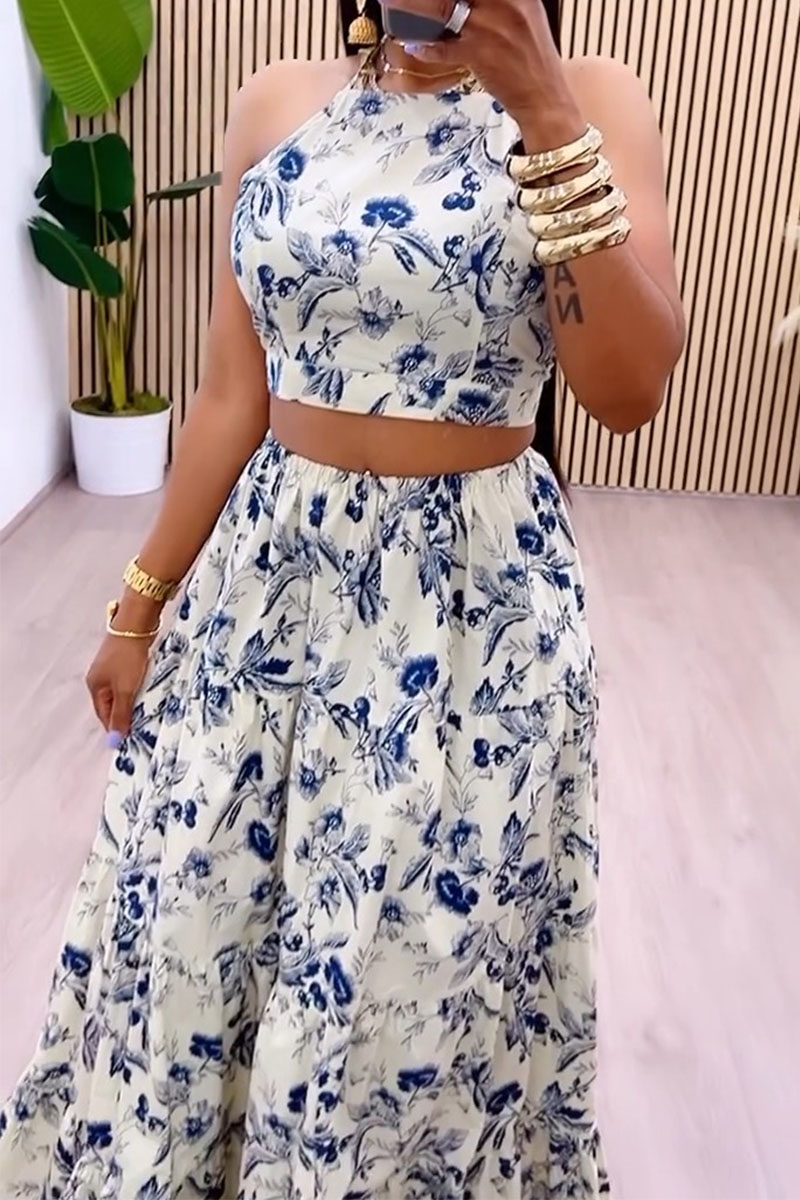 Sexy 2 Pieces Floral Print Ruffles V Neck Crop Tops Skirts Outfits
