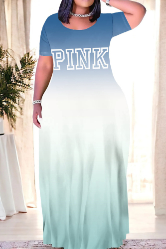 Letter Ombre print O Neck Short Sleeve Floor Length Baggy Vacation Maxi T-shirt Dresses