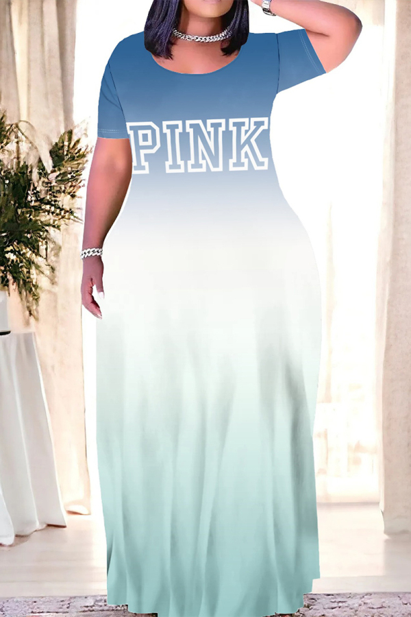 Letter Ombre print O Neck Short Sleeve Floor Length Baggy Vacation Maxi T-shirt Dresses