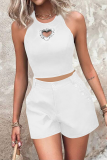 Casual Hot Drill Heart-shaped Decor O Neck Sleeveless Tank Crop Tops And Shorts Vacation Two Pieces Shorts Sets