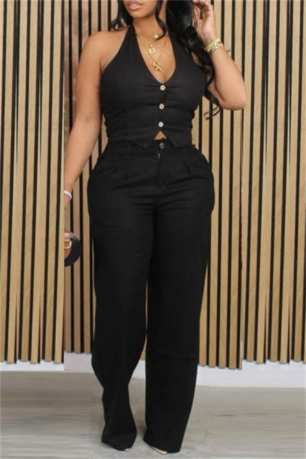 Casual Backless Halter Sleeveless Halter Crop Tops And Wide Leg Pants Vacation Two Pieces Trouser Sets