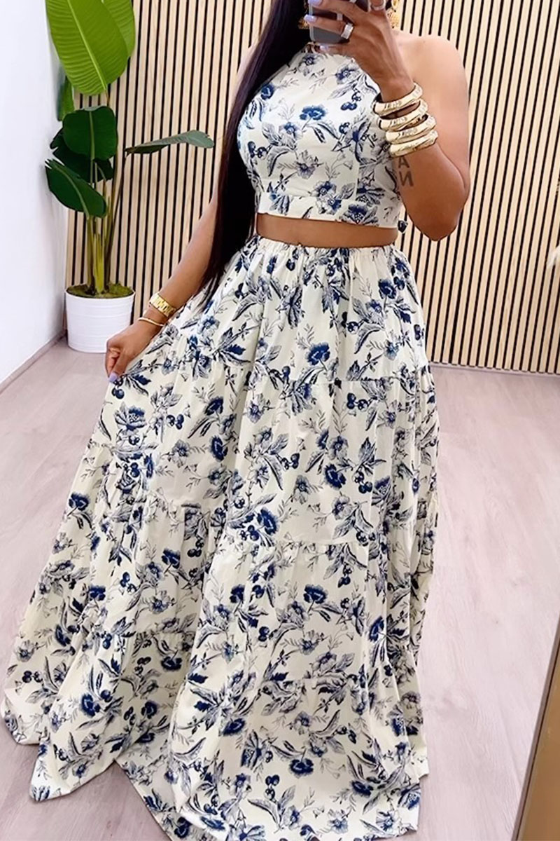 GETADME Elegant Floral Print Spaghetti Strap Dress Women Fashion High Waist Sleeveless A-line Dresses Ladies Sexy Backless Party Vestido