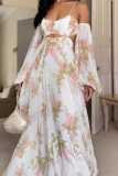 Sexy Floral Print Backless Oversleeve U Neck Nipped-Waist Hollow Out Formal Party Evening Vacation Maxi Slip Swing Dresses