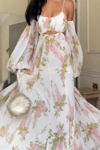 Sexy Floral Print Backless Oversleeve U Neck Nipped-Waist Hollow Out Formal Party Evening Vacation Maxi Slip Swing Dresses