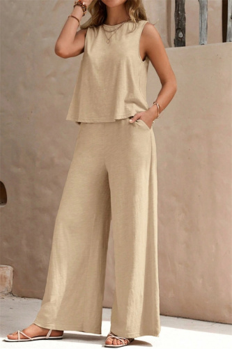 Casual O Neck Sleeveless Loose Fitted Tank Tops And Wide Leg Pants Vacation Formal Office Lady Two Pieces Trouser Sets