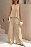 Casual O Neck Sleeveless Loose Fitted Tank Tops And Wide Leg Pants Vacation Formal Office Lady Two Pieces Trouser Sets