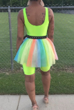 Sportwear Casual Backless Without Belt U Neck Rainbow Mesh Mini Skirt Skinny Rompers Bodysuit