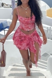 Sexy Tie Dye Print Backless Spaghetti Strap Sleeveless Ruffle Trim Cami Crop Tops And Mini Skirt Party Evening Two Pieces Dress Sets