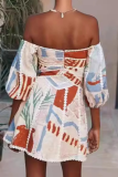 Sexy Floral Print Off Shoulder Short Sleeve Vacation A Line Mini Dress