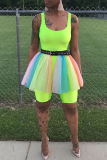 Sportwear Casual Backless Without Belt U Neck Rainbow Mesh Mini Skirt Skinny Rompers Bodysuit