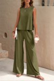 Casual O Neck Sleeveless Loose Fitted Tank Tops And Wide Leg Pants Vacation Formal Office Lady Two Pieces Trouser Sets