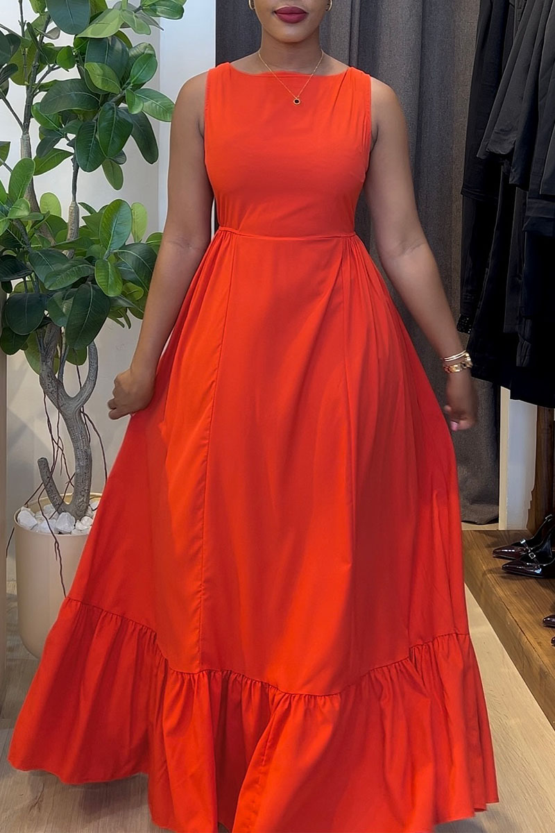 Wholesale Casual O Neck Sleeveless Cinch Waist Ruffle Hem Formal Party ...