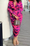 Casual Tie Dye Print Ruched V Neck Long Sleeve Formal Party Evening Bodycon Midi Tank Dresses