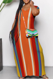 Casual Stripe Print O Neck Short Sleeve Floor Length Baggy Vacation Straight T-shirt Maxi Dresses