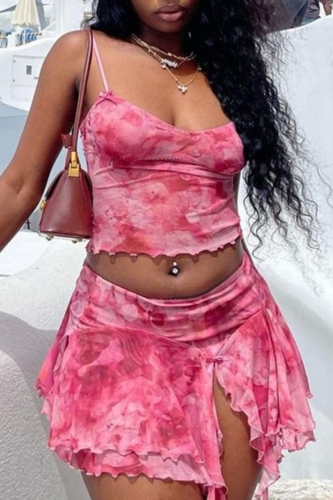 Sexy Tie Dye Print Backless Spaghetti Strap Sleeveless Ruffle Trim Cami Crop Tops And Mini Skirt Party Evening Two Pieces Dress Sets