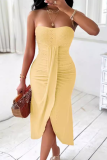 Sexy Strapless Sleeveless Ruched Pleated With Slit Long Bandeau Maxi Dress Vacation Party Evening Tube Dress