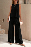 Casual O Neck Sleeveless Loose Fitted Tank Tops And Wide Leg Pants Vacation Formal Office Lady Two Pieces Trouser Sets