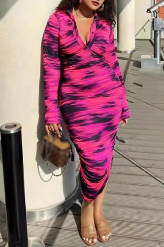 Casual Tie Dye Print Ruched V Neck Long Sleeve Formal Party Evening Bodycon Midi Tank Dresses
