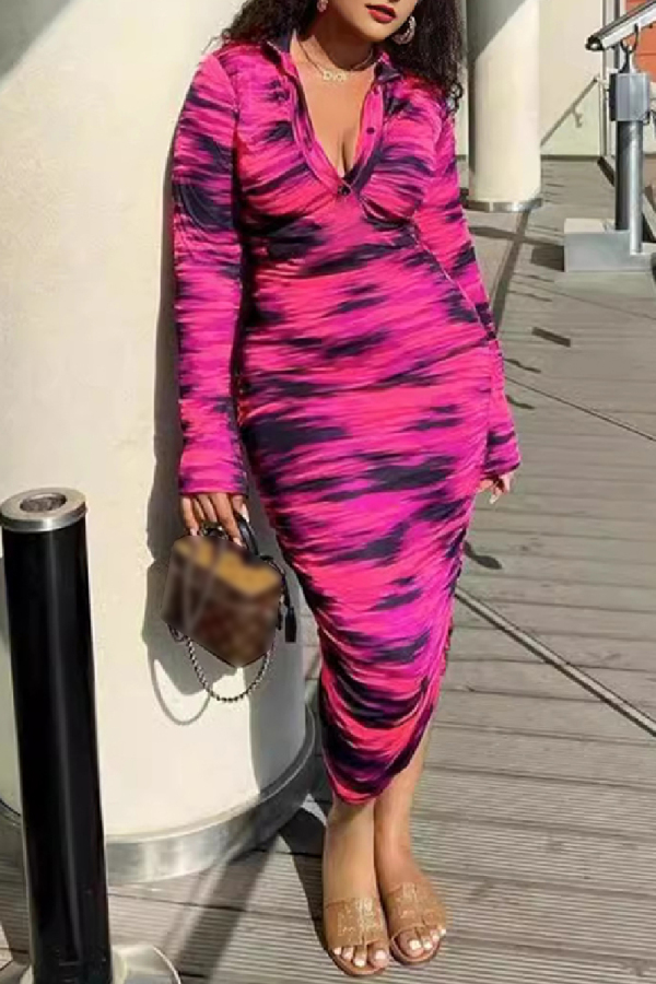 Casual Tie Dye Print Ruched V Neck Long Sleeve Formal Party Evening Bodycon Midi Tank Dresses