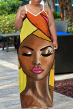 Sexy Figure Print Backless Spaghetti Strap Floor Length Long Plus Size Baggy Vacation Maxi Slip Dresses