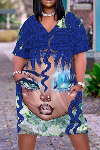 Casual Figure Print V Neck Short Sleeve Pockets Loose T-shirt Dresses